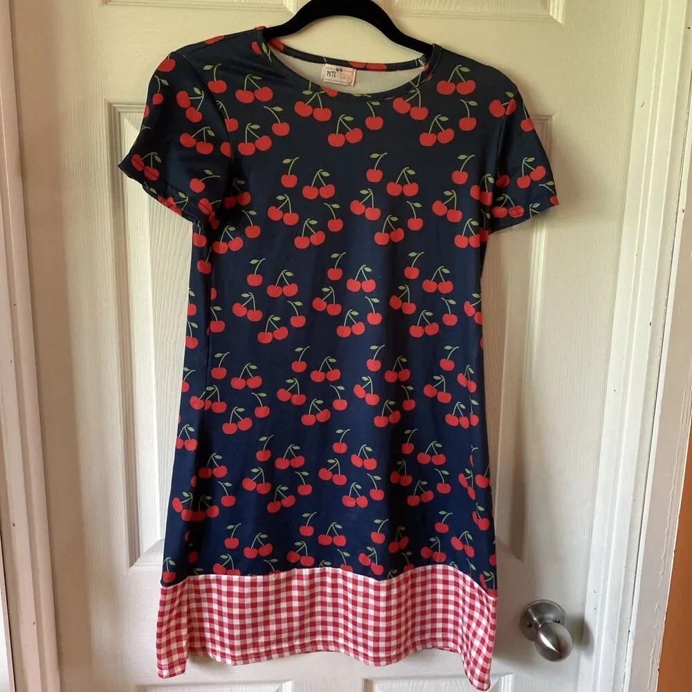 Pete & Lucy Dress Girls Size 10/12 T Shirt Cherries Red Checked Round Neck